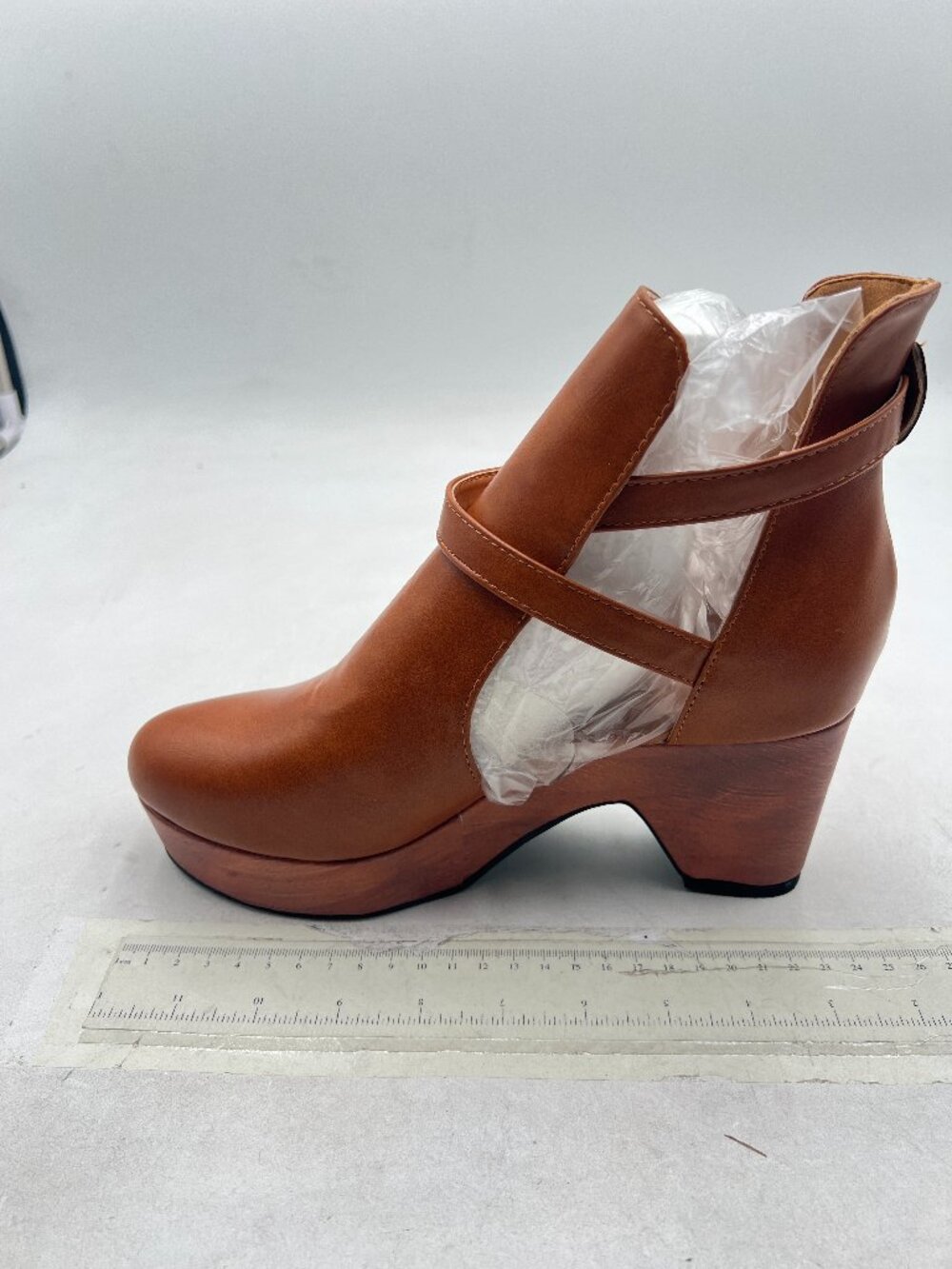 Brown Womens Platform Rounded Toe Cutout Ankle Boot Strap Buckle Cork Bootie - Picture 2 of 8